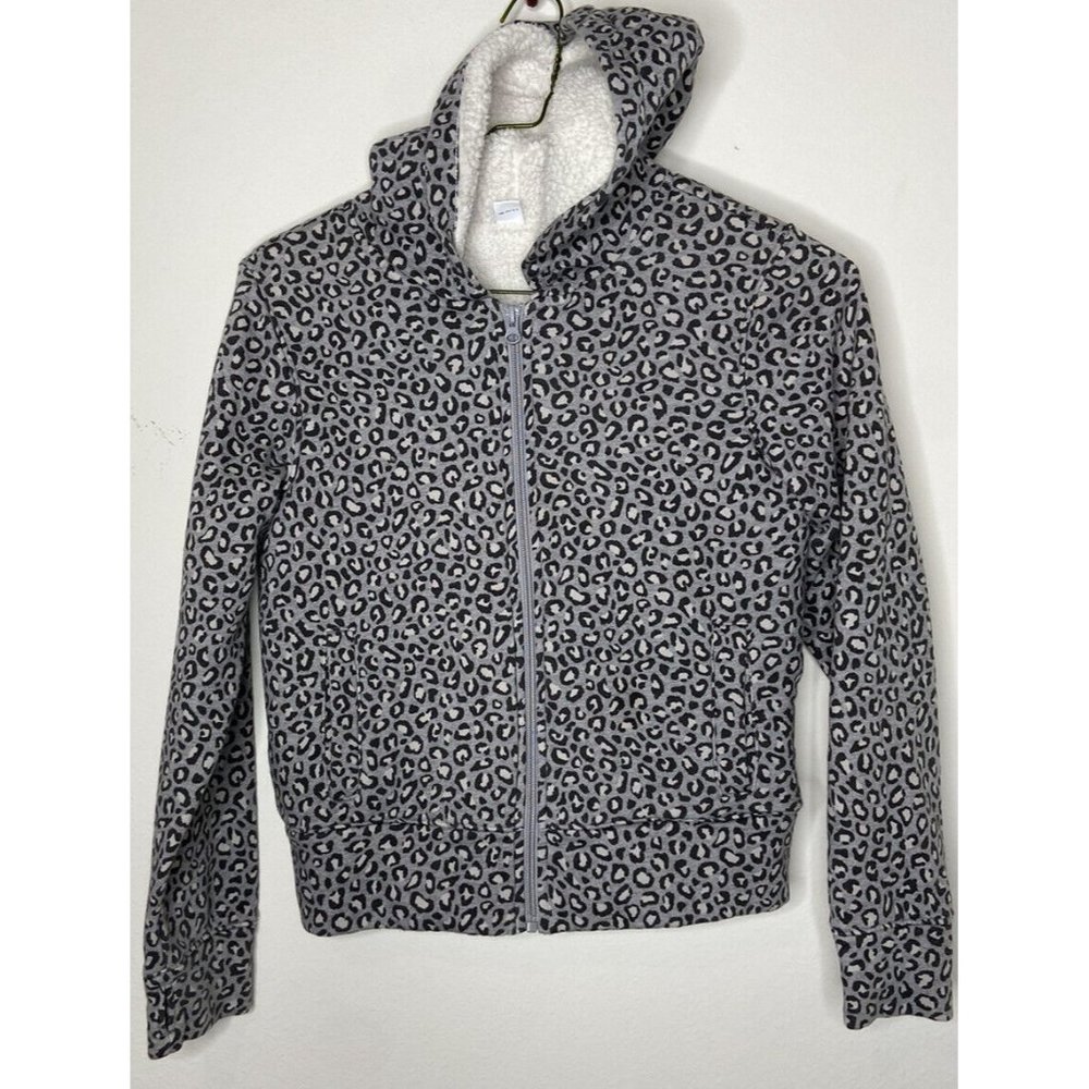 Old Navy Girls XL Long Sleeve Grey Cheetah Hooded Zippered Lined Sweatshirt